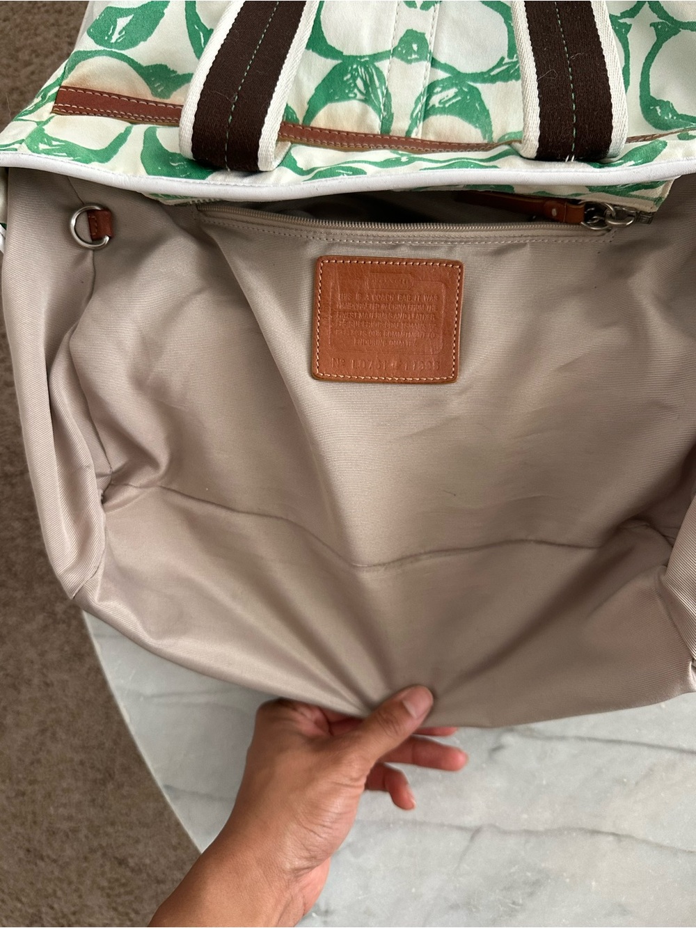 Coach Canvas Tote Bag with Green Print and Brown Leather Trim - Picture 7 of 9